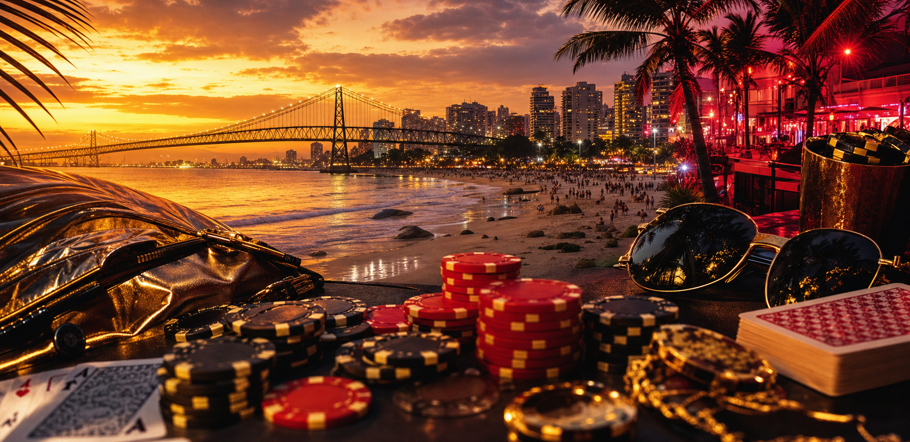 Vista nocturna de Florianópolis con fichas de poker y playa