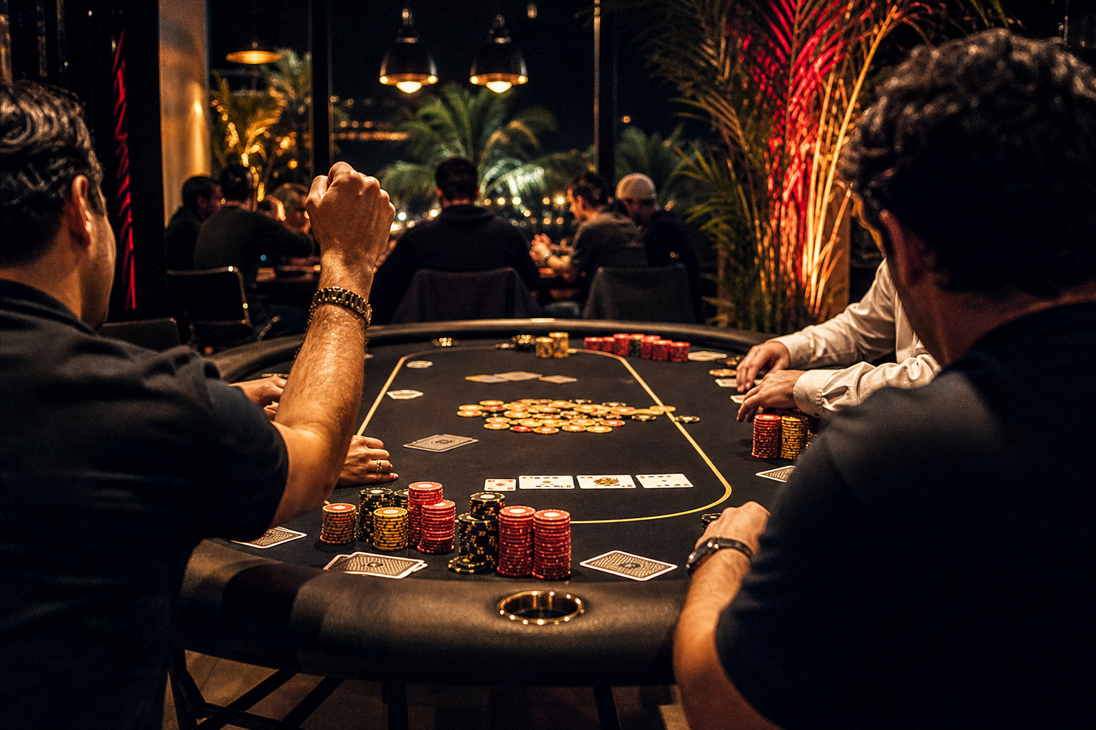 Mesa de poker nocturna con fichas y jugadores en Floripa